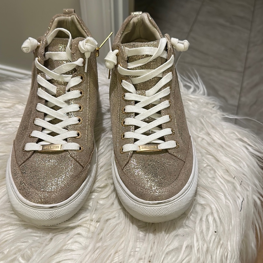 J/Slides NYC Ludlow Platform High Top Sneakers Gold Leather worn once 8.5